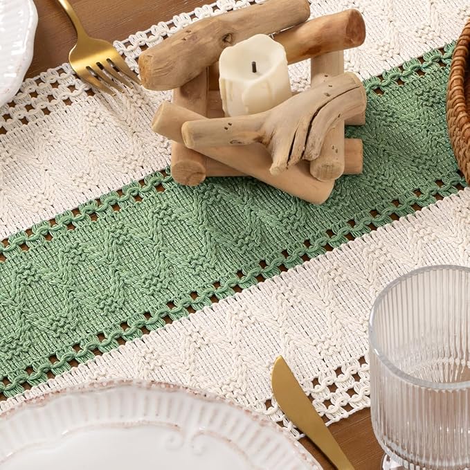 DeZerlor Ivory&Sage Green Boho Macrame Farmhouse Woven Table Runner 48Inch | - Image 5