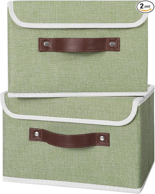 ANMINY 2PCS Storage Bins with Lid PU Leather Handles Storage Boxes PP Plastic Board Decorative Foldable Lidded Cotton Linen Fabric Home Cubes Baskets Closet Organizer Containers - Green, Small Size