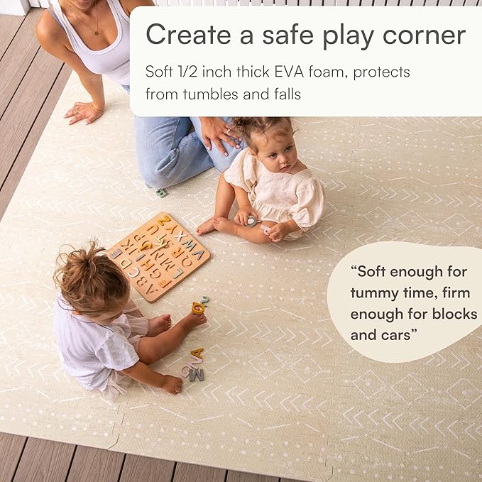 Baby Play Mat for Floor – 4x6ft Beige | Soft Non Toxic Premium EVA Foam Tiles for Tummy Time, Crawling & Playroom – Waterproof Interlocking Floor Mat for Babies & Toddlers by Lillefolk (6 Tiles)