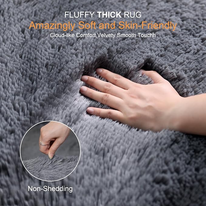 KICHOWUA Thick Area Rug Grey Fluffy Shag 5x8 - Image 2