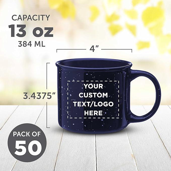 DISCOUNT PROMOS Custom Ceramic Campfire Coffee Mugs 13 oz. Set of 50, Personalized Bulk Pack - Perfect for Tea, Espresso, Cappuccino, Hot Cocoa - Blue