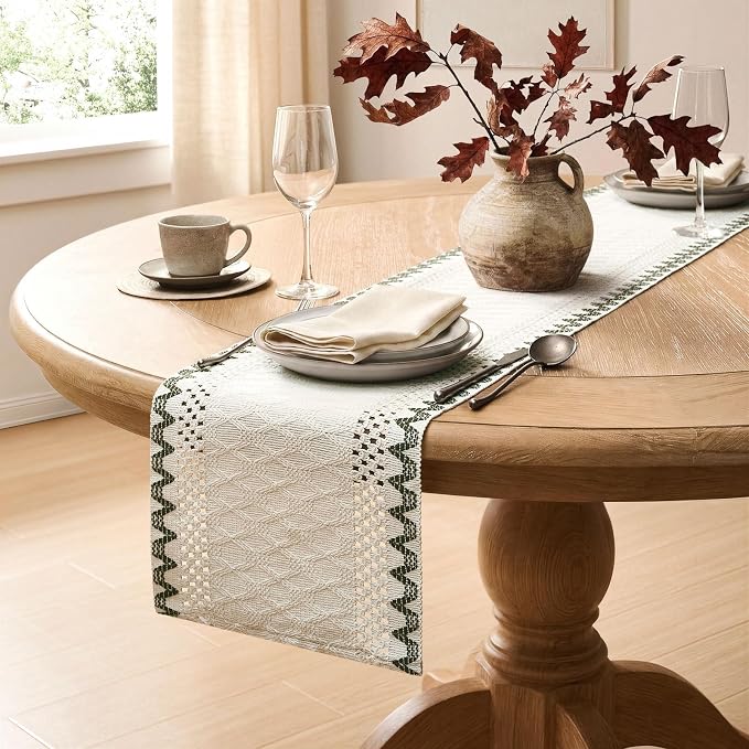 Macrame Side Trim Boho Woven Table Runner, Moss 12x72 Inch | Crochet Hollow - Image 5