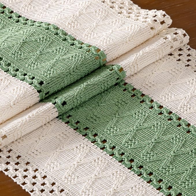 DeZerlor Ivory&Sage Green Boho Macrame Farmhouse Woven Table Runner 60Inch | - Image 7