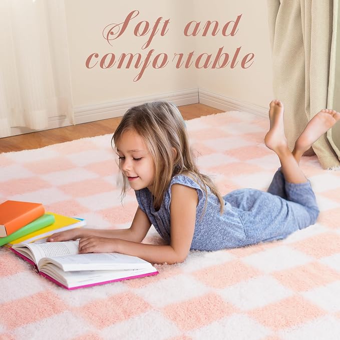 Super Soft Rug for Bedroom, 5x7 Ft Pink and White Area Rug Classic Checkered - Image 5
