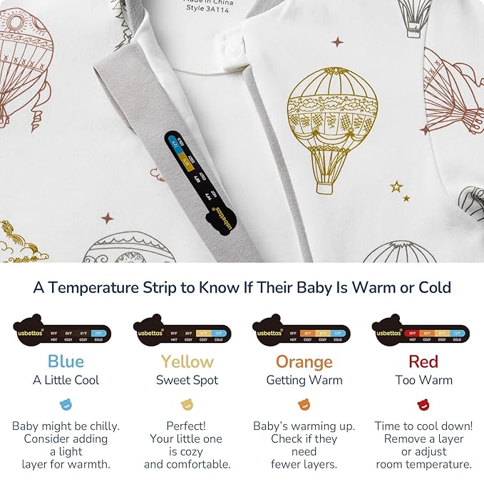 Baby Sleep Sack 6-12 Months, Cotton Detachable Long Sleeve Sleep Sack, 2.5 Tog Toddler Sleeping Sack with Temperature Strips, 2-Way Zipper Wearable Blankets for Newborns, Hot Air Balloon