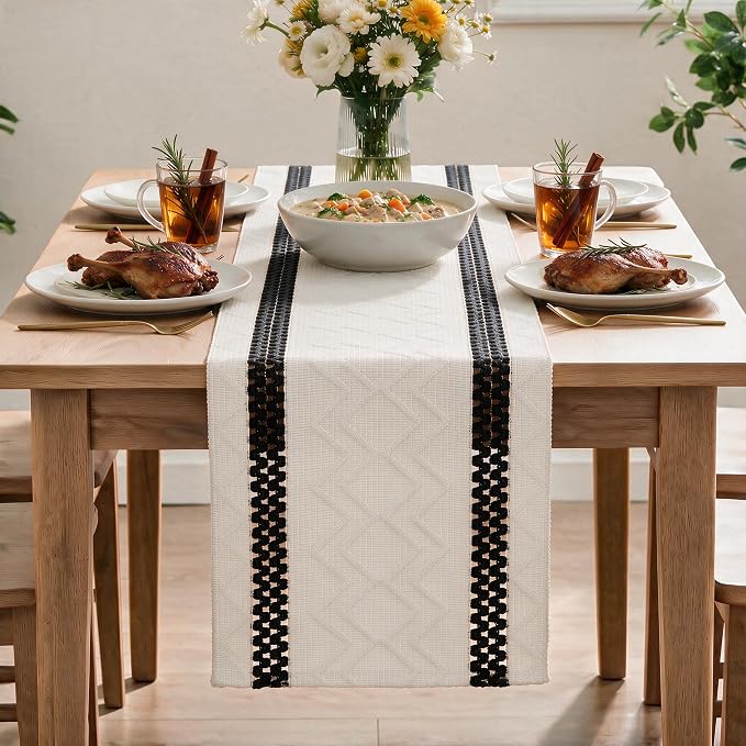 Artoid Mode Black Stripe Woven Rustic Table Runner 12x36 Inch | Holiday Kitchen - Image 2