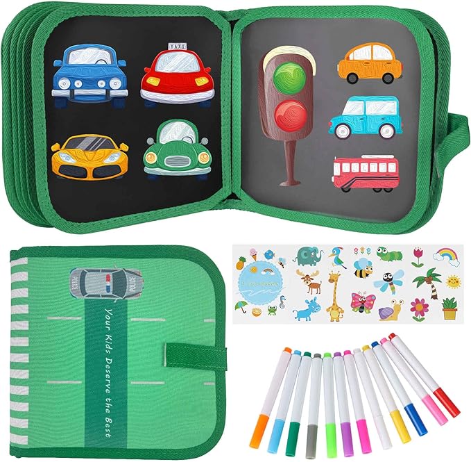 Erasable Doodle Set for Kids - Reusable Magic Drawing Book with 12 Watercolor Pens 14 Page Drawing, Road Trip Car Game Writing Painting Set for Boys and Girls (Traffic Light)