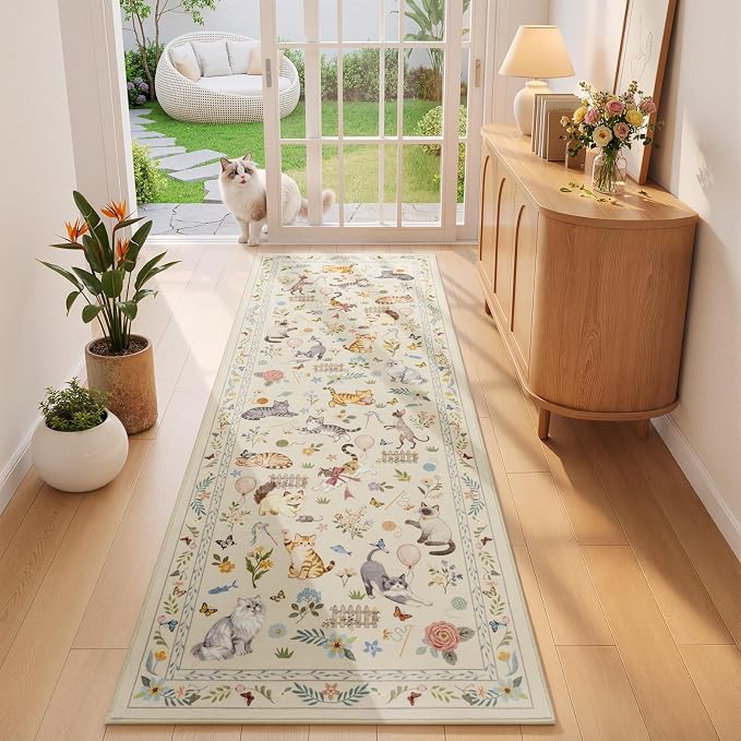 Unirea 2.6x8 Beige Cat Runner Rug, Washable Non Slip Botanical Rug - Image 3