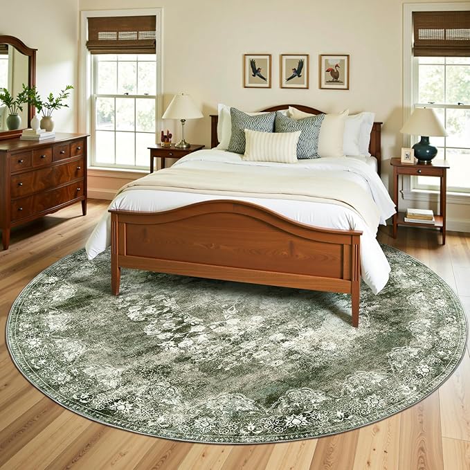 jinchan Round Rug 8ft Area Rug - Green Vintage Floor Mat Kitchen Indoor - Washable Circle 8' Thin Floral Print Carpet Retro Farmhouse Non Slip Dining Room Living Room Bedroom Office