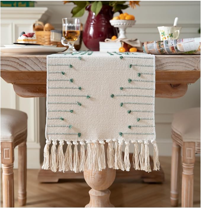 Boho Table Runner 13 x 108 Inch Long Natural Cotton Woven Runner by Caflife