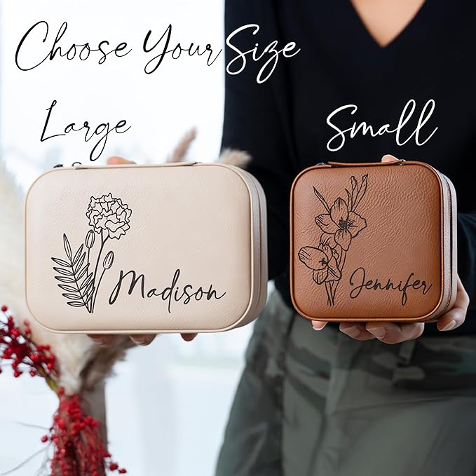 Custom Leather Jewelry Box w/Name & Birth Flower Month - Birthday Gifts for Women, Personalized Jewelry Travel Case - Customized Jewelry Organizer Box, Mom Birthday Gifts - White