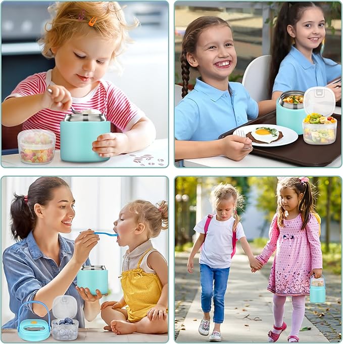 2-in-1 Insulated Food Jar & Snack Container - 15oz Kids Soup Thermos for Hot Food with Handle and Spoon, Leak Proof Reusable Toddler Snack Box, Perfect for School & Travel, Tiffany Blue
