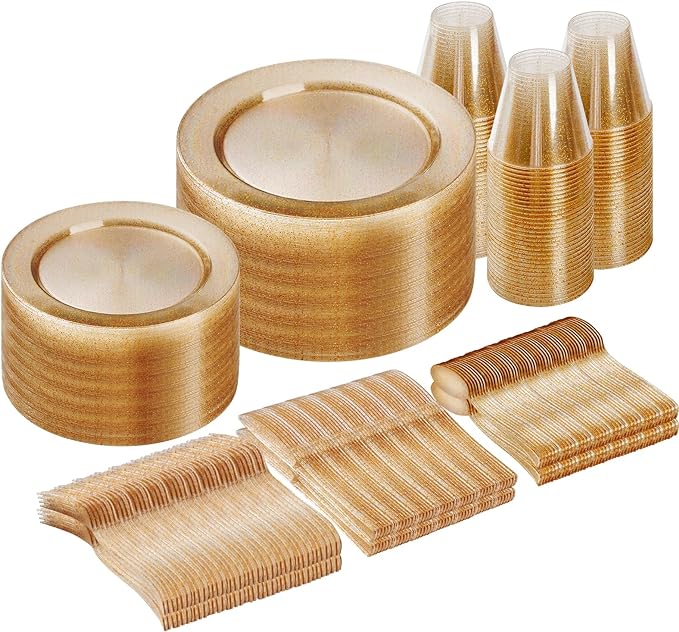 300 Piece Gold Glitter Disposable Plates by GoodLuck