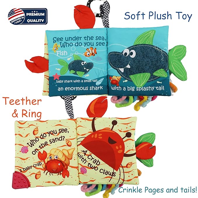 Fish Baby Book 0-6 Months,Touch Feel Cloth Crinkle Books for Babies,Infant Baby Toys 6-12 Months,Learning Education Soft Sensory Mirror Toy,Shower Gifts Easter for Boys Girls-Teether