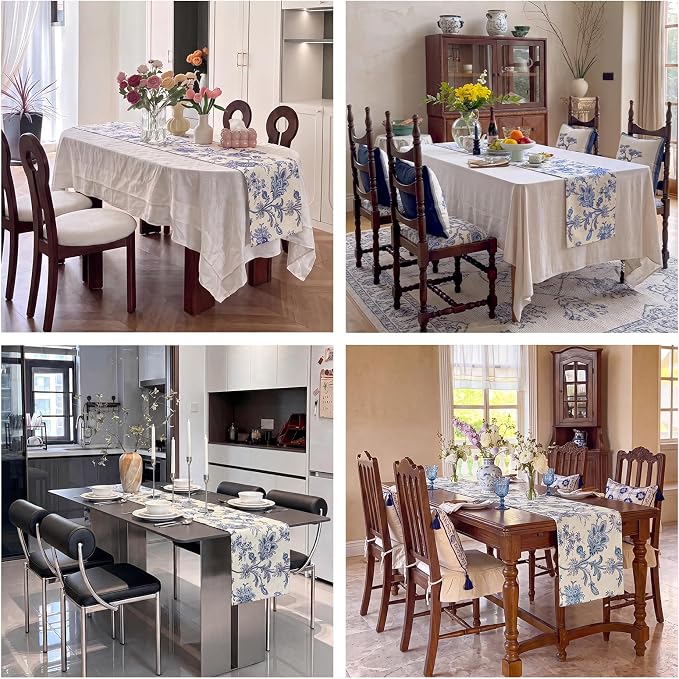 Beige and Blue Table Runner 12x36 Inch | Cotton Polyester Waterproof Seasonal - Image 7
