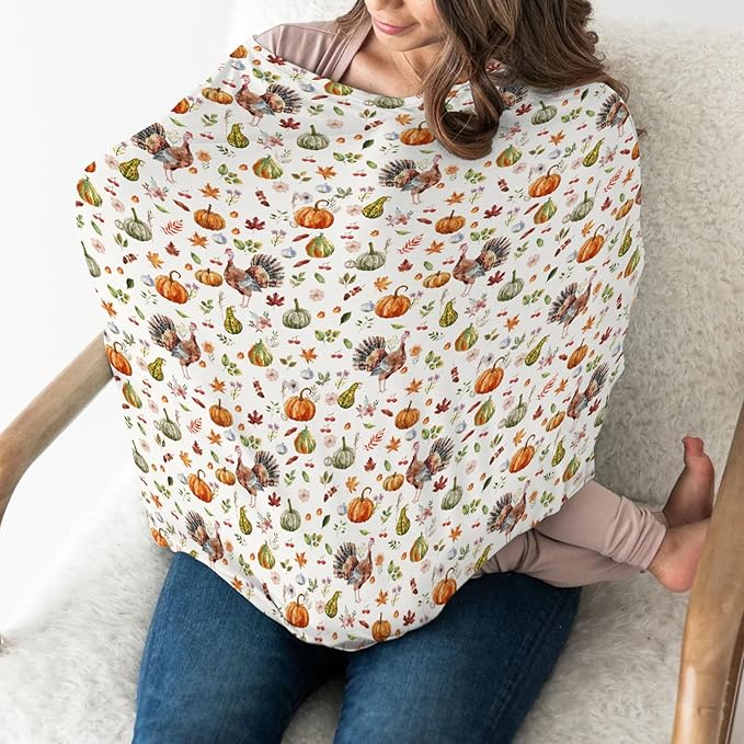 Thanksgiving Turkey Pumpkins Car Seat Covers Vintage Autumn Leaves Stretchy 5-in-1 Cover Adjustable Infant Carseat Cover Canopy Fall Harvest Breathable Nursing Cover-Up