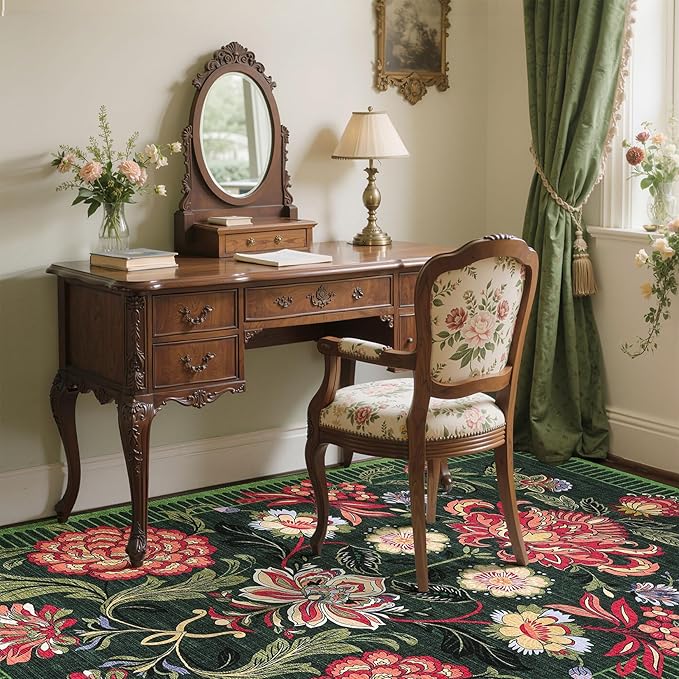 GarveeHome Forest Green Floral Botanical Washable Rugs 5x7 Area Rug for Living Room, Vintage Boho Cottage Throw Rugs Low Pile Carpet for Bedroom Dining Nursery Rug