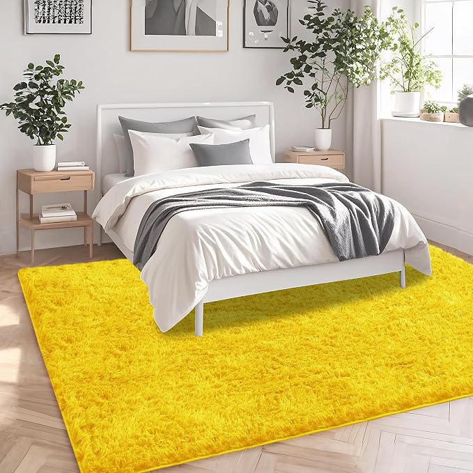 Yellow Shag Area Rug for Bedroom, 4x6 Fluffy Shaggy Rugs for Living Room Nursery - Image 4