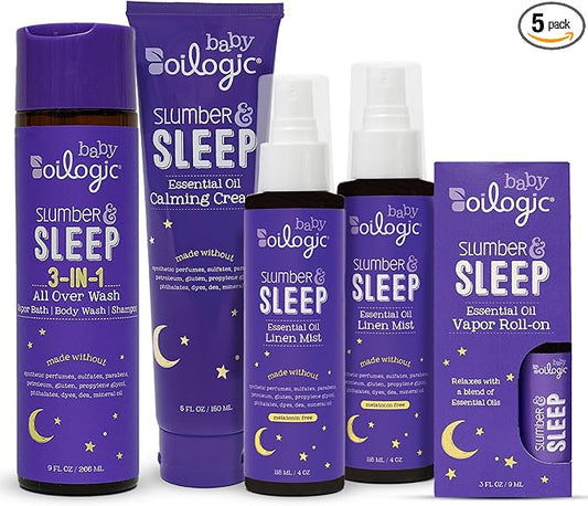 Oilogic Slumber & Sleep Bath Baby Essentials Gift Set - Includes All Over Wash, Calming Cream, Sleep Spray & Roll-On Essential Oils - Pediatrician-Tested Sleep, Comfort & Wellness Blends for Babies