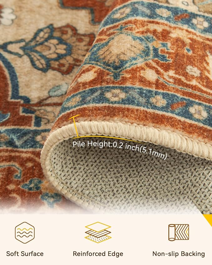 RELEANY Area Rugs Round 10ft Washable Non-Slip, Floral Vintage Distress - Image 4