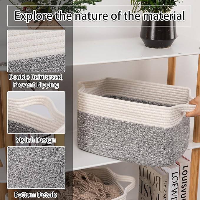 OIAHOMY 3 Pack Storage Basket for Organizing, 13''X9.85''X8.7'' Storage Bins,Woven Basket Basket with Handles, Toy Storage Basket Bin,Stylish Room Decor Basket, White & Grey variegated