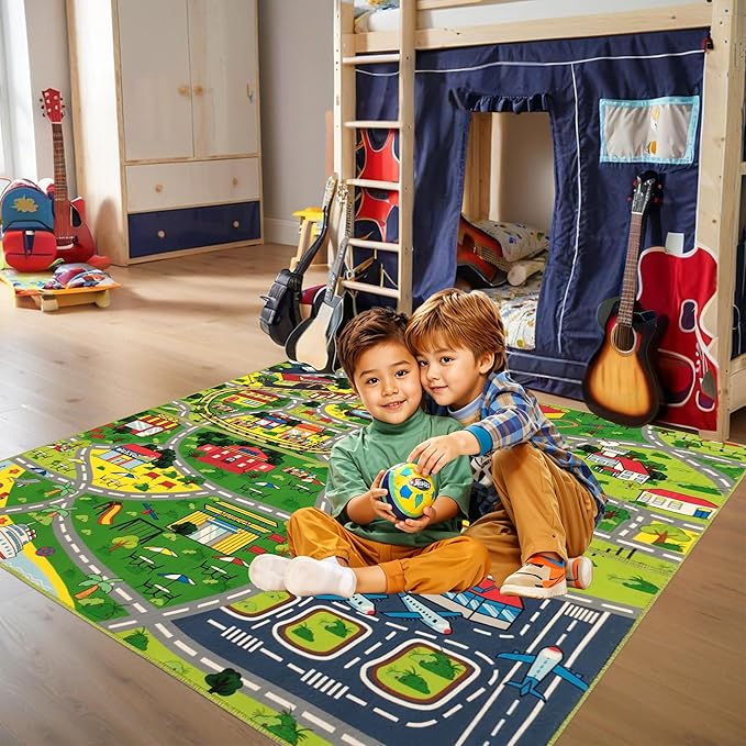 Pack 2 Car Rug Play Mat - Car Train Rugs Playroom Mat, Road Rug Kids Rugs for Bedroom with City Map Design Kid Room Decor, 59x31.49 lnches