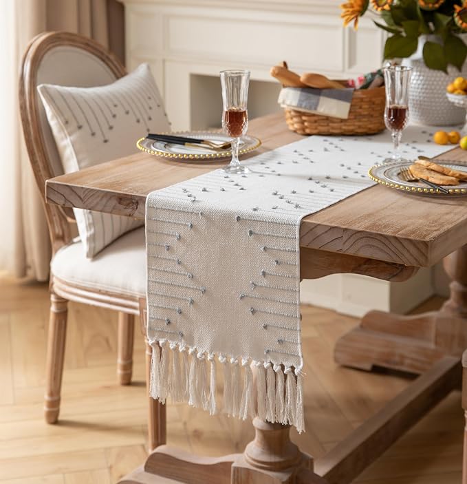Boho Table Runner 13 x 108 Inch Long Natural Cotton Woven Runner - Image 2
