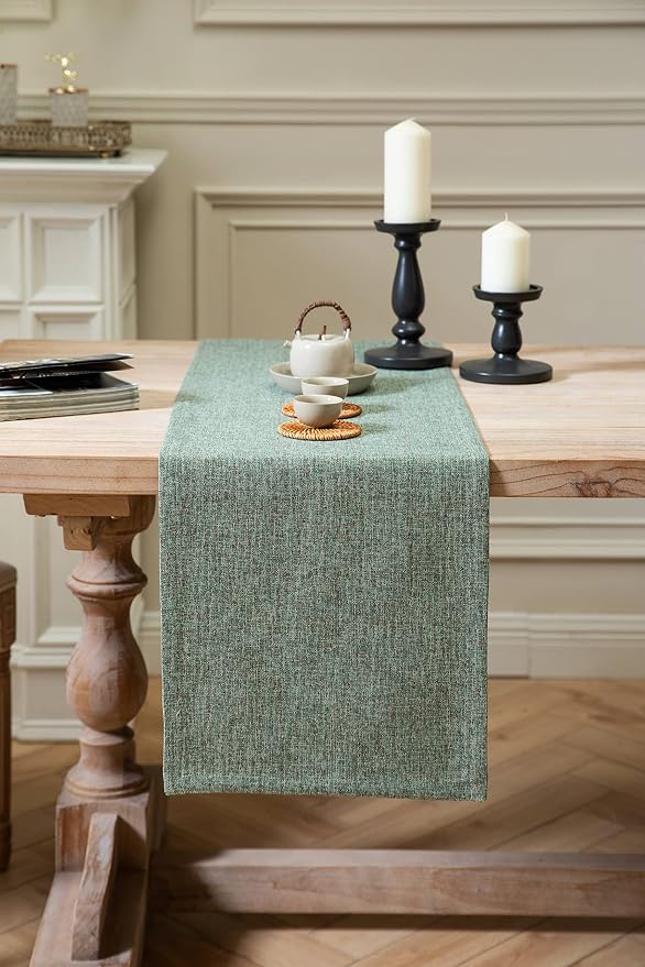 Burlap Style Farmhouse Table Runner, 14x48 Inches Mineral Green | Thick Durable - Image 2