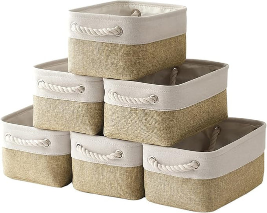 TheWarmHome Storage Basket for Shelves - 12x8x5.2 inch Small 6 Pack Collapsible Storage Bin for Closet with Handles, Fabric Storage Cubes for Cloth Organizer Gift Toy Decorative (White & Khaki)
