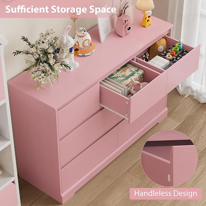 Dresser for Bedroom, Modern Pink Dresser, Wood Chest of Drawers Nursery Dressers, with Storage, 7 Drawer Double with Handle Free, Large Storage Organizer for Living Room,Pink