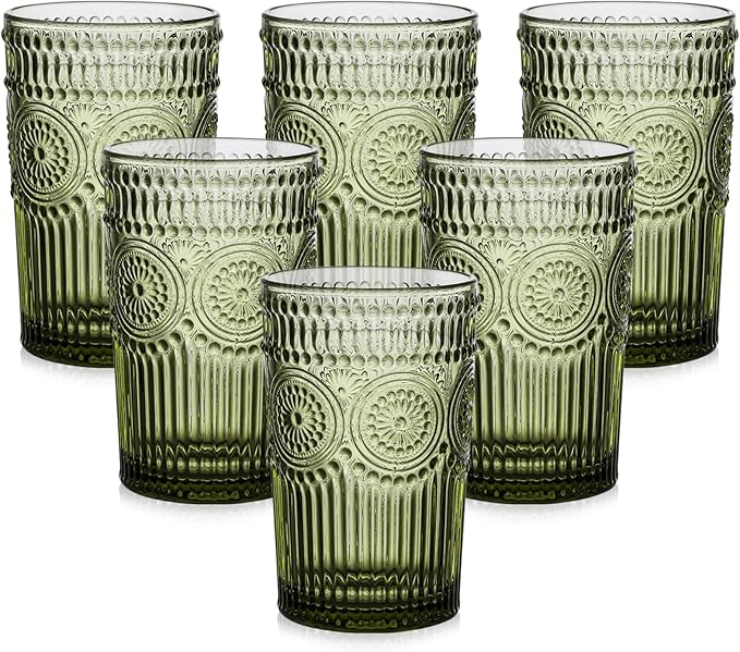 ZMOWIPDL Drinking Glasses Set of 6, 13oz Flower Design Green Glass Cups | by ZMOWIPDL