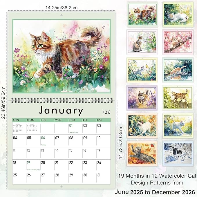 GuassLee Cat Vertical Wall Calendar 2025, 19-Months Art Hanging Wall Calendar Jun. 2025 to December. 2026, 14" x 23" Watercolor Monthly Planner Cat Kitten with Thick Paper for Office Home Decor
