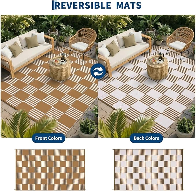 Garvee Waterproof Outdoor Rug 9x18, Checkered Foldable Plastic Straw Patio - Image 3