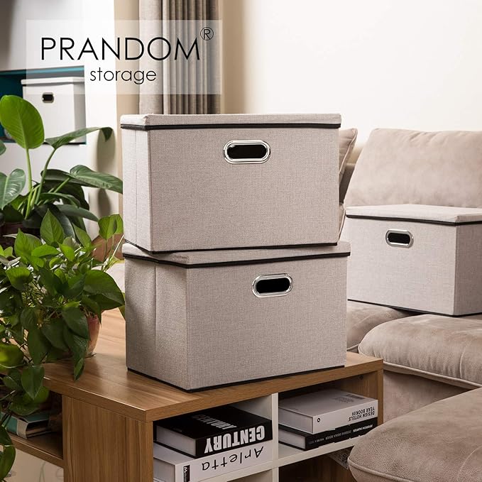 PRANDOM Extra Large Collapsible Storage Bins with Lids [5-Pack] Linen Fabric Foldable Storage Baskets Boxes Organizer Containers Cube with Cover for Bedroom Closet Office Nursery (22.8x15.75x13.8)