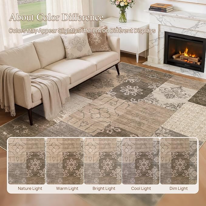 UERMEI 8x10 Area Rug for Living Room, Washable Brown Modern Geometric Patchwork - Image 8