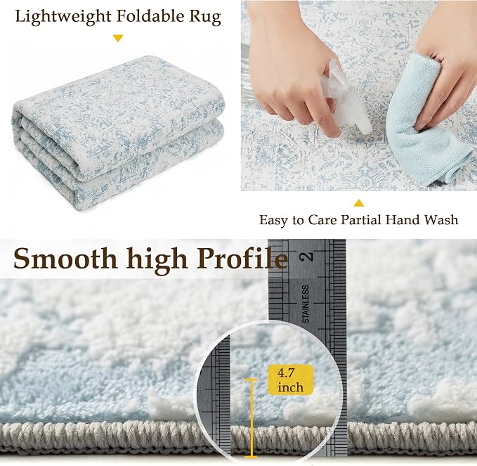 8x10 Fluffy Area Rug Blue Shag Neutral Carpet - Image 8