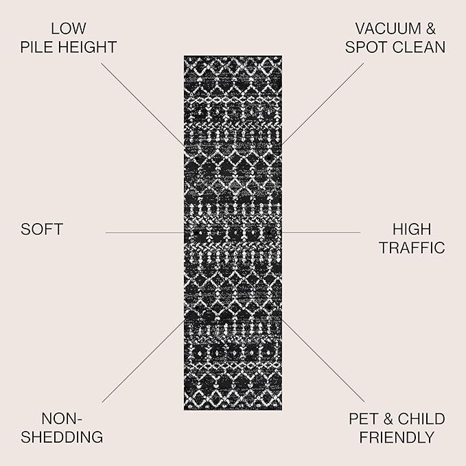 JONATHAN Y Boho Vintage Diamond Black/Ivory Runner Rug 2X14 ft, Moroccan Hype - Image 2