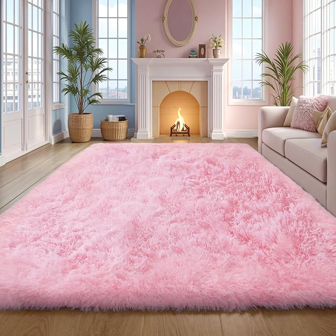 Pink Fluffy 8x10 Large Area Rugs by KICHOWUA