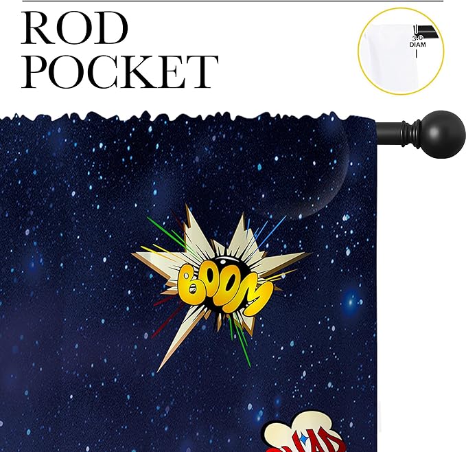 Super Hero Rod Pocket Blackout Curtains for Boy Girl Bedroom, Exploding City Starry Cartoon Skyline Home Energy Efficient Light Filtering Window Curtain for Living Room, 84x84 inch