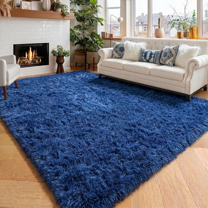 Amdrebio Navy Blue Area Rugs for Boys Bedroom, Fluffy Shag Furry Bedside Rug by Amdrebio