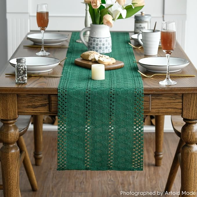 Artoid Mode Dark Green Woven Farmhouse Hollow Table Runner 12x108 Inch | - Image 2