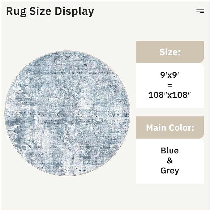 Soalmost 9x9 Blue/Grey Round Rug 9ft Living Room Circle Rug Vintage Round Area - Image 5