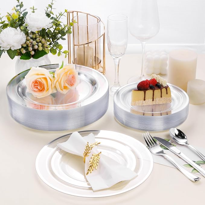 BESTSTAR 7 Inch Clear with Silver Rim Plastic Plates | 100PCS Disposable - Image 6