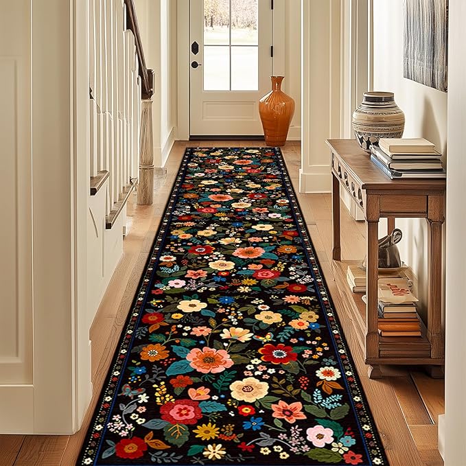 Floral 2x8 Area Rug Machine Washable Soft Print Boho Carpet Non Slip Doormat Low Pile Flower Area Rugs for Living Room Bedroom Nursery Kitchen Dining Room Indoor-Black