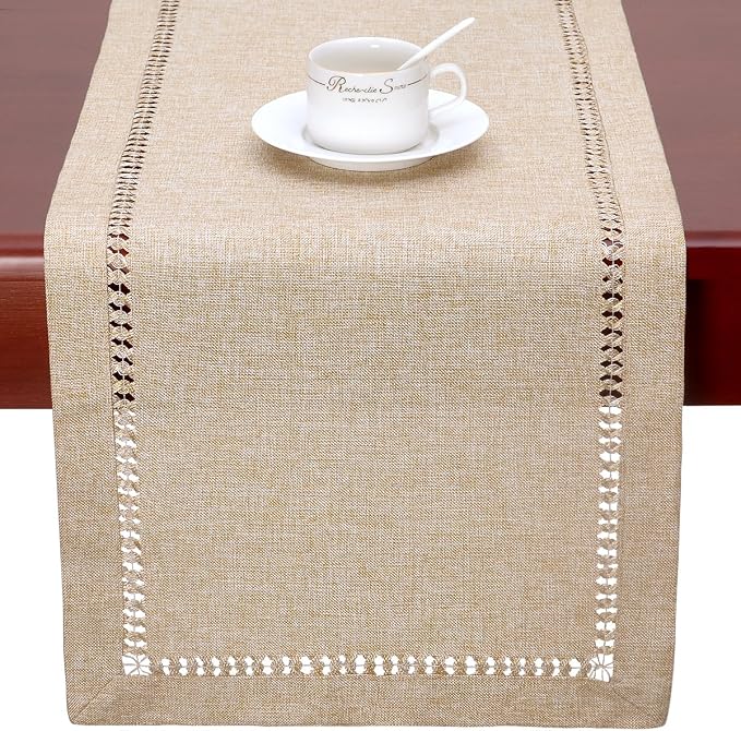 Grelucgo Large Handmade Hemstitch Beige Table Runner, Rectangular 14 by 108 Inch - Image 6