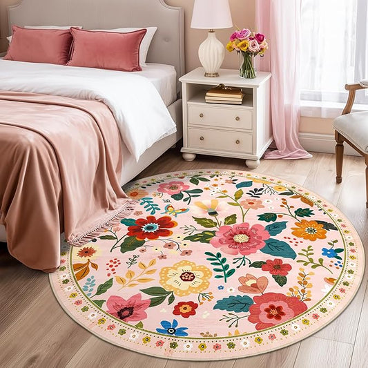 Floral 6ft Area Rug Machine Washable Soft Print Boho Carpet Non Slip Doormat Low Pile Flower Area Rugs for Living Room Bedroom Nursery Kitchen Dining Room Indoor-Pink