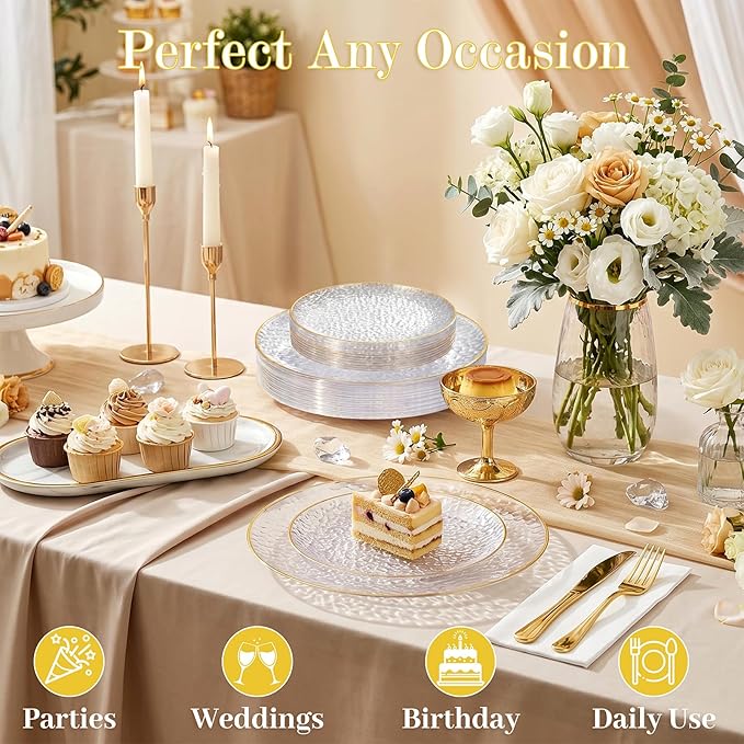 Rubtlamp 60Pcs Clear Plastic Plates, Heavy-duty Gold Plates, Hammered Party - Image 4
