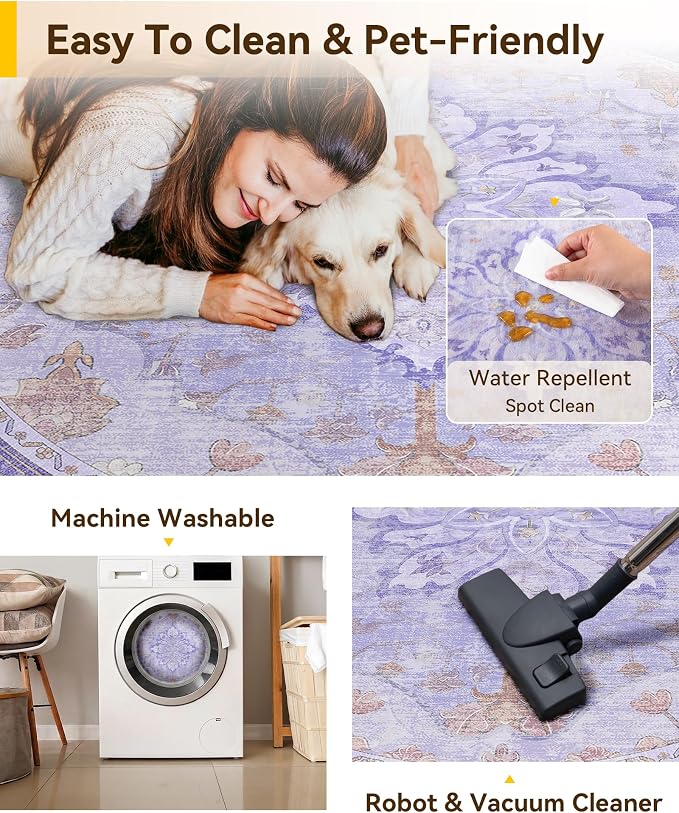 RELEANY Area Rugs Round 6ft Washable Non-Slip, Floral Vintage Distress - Image 4