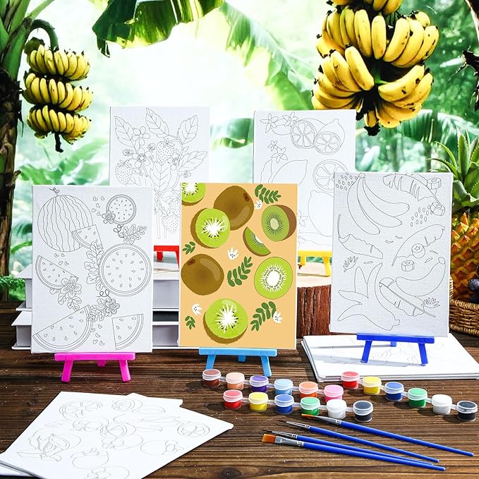 Blosssound 10 Set Pre Printed Canvas Pre Drawn Canvas Painting with Easel Kits 5" x 7" Outline Painting Panels for Beginners, DIY Craft Project, Party Favor, Home Decors(Fruit)