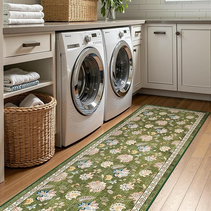 jinchan 3x10 Floral Runner Rug for Hallway Washable Kitchen Runner Vintage Romance Design Non Slip Thin Indoor Floor Cover Low-Profile Throw Carpet for Entryway Bathroom Bedroom Porch, Green